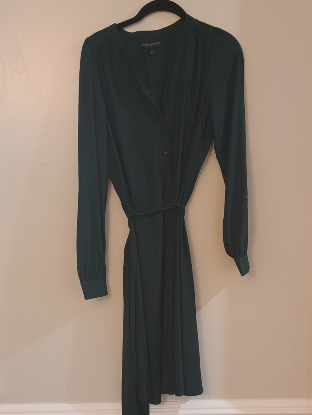 Banana Republic Dark Green Long-Sleeve Button Dress Tie Waist